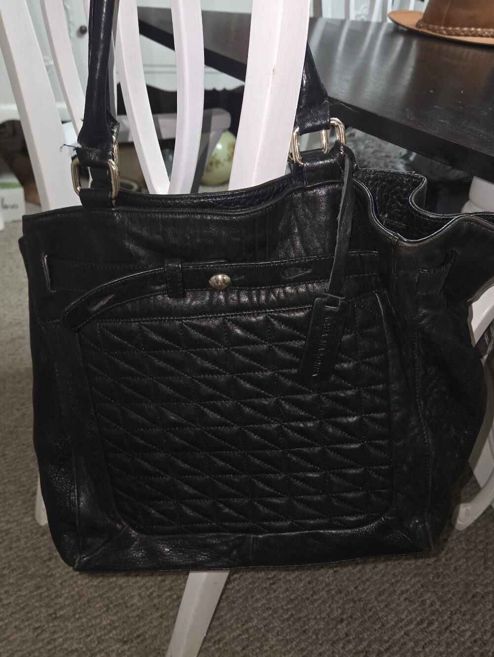 Black Vintage Quilted Auqa Madonna Leather Tote Bag